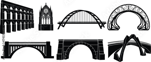 Bridge and aqueduct silhouette vector set, gothic, modern, ancient architecture, black icon, engineering structure clipart, landmark design, stock illustration