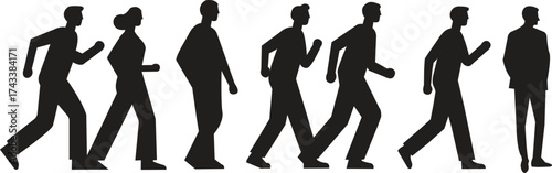 Walking crowd silhouette showing varied body language — versatile for urban planners, marketers, educators; works for ads, social media, websites, infographics, and visual storytelling about society, 