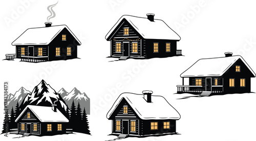 Snow cabin silhouette vector, winter house illustration, cozy forest lodge, pine tree background, holiday season design, mountain scene, warm light