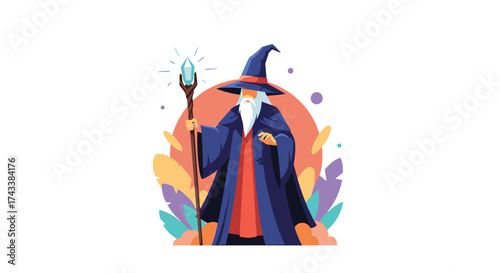 A wise old wizard with a long white beard stands holding a staff with a glowing crystal on top.