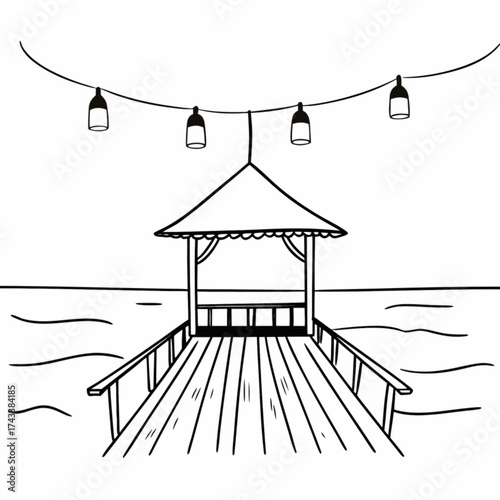Minimilist illustration of a pier with a gazebo and string lights over water in black and white outline style vector