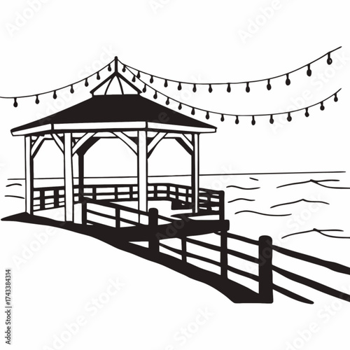 Minimilist illustration of gazebo on pier with string lights hanging above overlooking the water in black and white vector