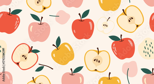 A delightful pattern featuring a variety of fresh apples and their slices.