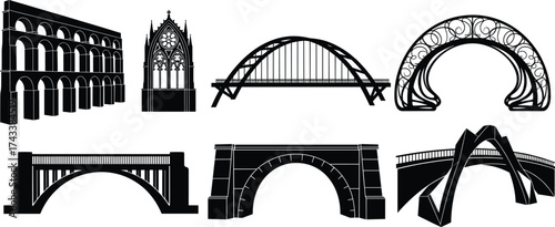 Bridge and architecture silhouette vector set, aqueduct, gothic facade, modern design, black icon, engineering structure clipart, stock illustration