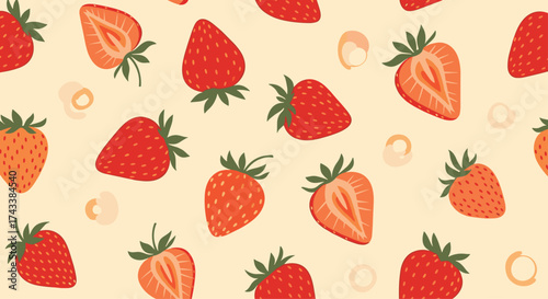 A delightful pattern featuring a variety of fresh and juicy strawberries in different stages of ripeness.