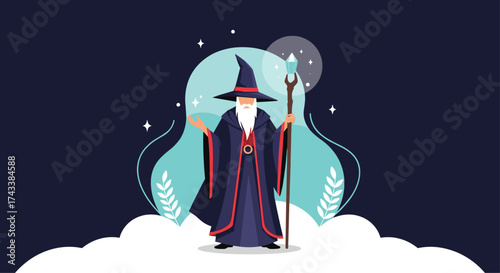 A wise old wizard with a long white beard stands holding his magical staff on a cloudy night.