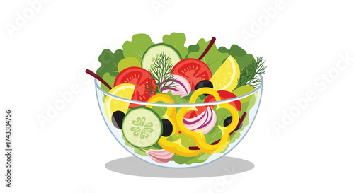 A vibrant and refreshing glass bowl filled with a delicious garden salad.