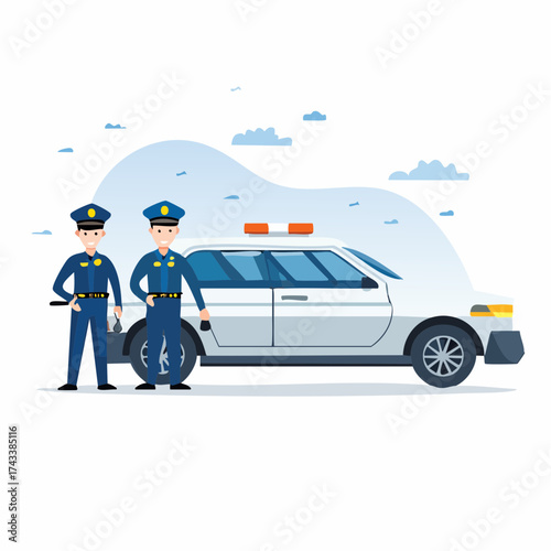 Two police officers standing beside a police car with orange lights on top against a white background with blue clouds.