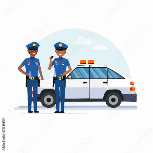 Two police officers standing beside a patrol car, one holding a radio, against a light blue background with a cartoon style and a calm mood.