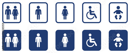 Restroom and accessibility icons including male, female, wheelchair, unisex, and baby in blue color. Restroom door pictograms. restroom, bathroom, washroom, toilet, vector