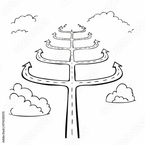 Tree of roads diverging with cloud accents; a choice of routes