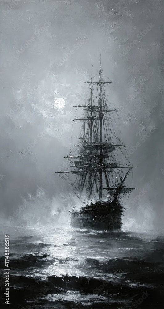 Fototapeta premium Gray ship sails on a misty sea under a pale moon