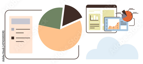 Pie chart, bar graph, webpage, and tablet highlighting analytics and data visualization. Ideal for business, reports, research, planning technology education marketing. Simple flat metaphor