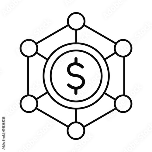 Conceptual icon of digital currency network connected to financial dollar symbol vector illustration