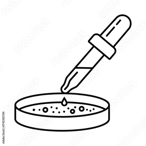 Simple outline icon of pipette dropping liquid into petri dish for science and medical research vector illustration
