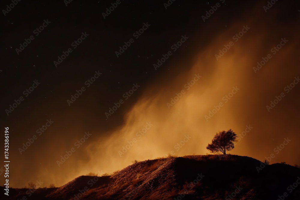 Fototapeta premium Desert night scene with a lone tree silhouette on a hill under a glowing sky