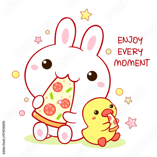 Vector card with bunny and duckling who eats pizza. Cute little duck and rabbit friend. Can be used for t-shirt print, affirmation for kids playroom, nursery. Sticker with inspirational positive quote