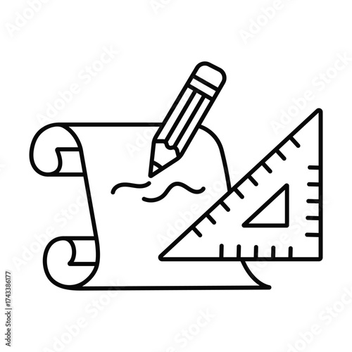 Outline design icon of pencil drafting tools scroll paper for education and creativity concept vector illustration