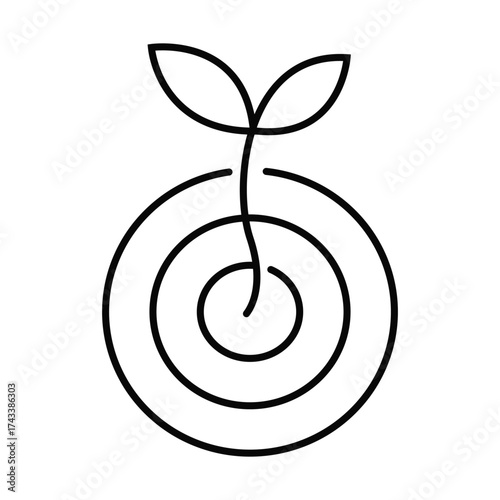 Minimalist abstract outline icon of a growing plant seedling emerging from concentric circles symbolizing growth vector illustration