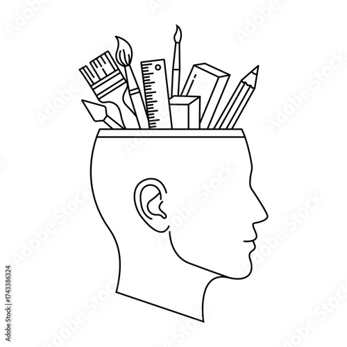 Creative mind concept art supplies inside head outline icon for design and ideas vector illustration
