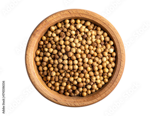 Dried Coriander Seeds in Wooden Bowl Isolated Background
