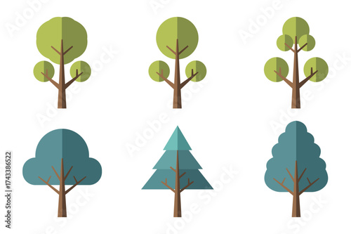 Set of flat style tree icons representing diverse forest foliage and shapes vector illustration