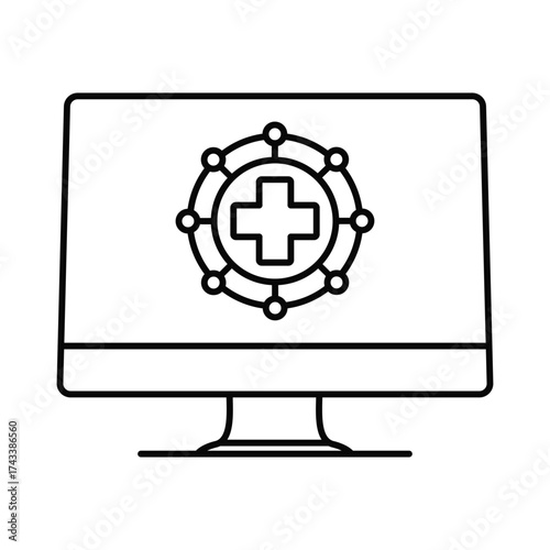 Computer monitor displaying medical technology network icon outline design vector illustration