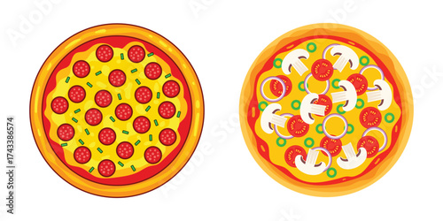 Delicious pepperoni and vegetarian pizzas presented side by side top view vector illustration