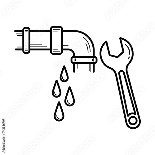 Hand drawn outline icon of leaking pipe and wrench representing plumbing repair service vector illustration
