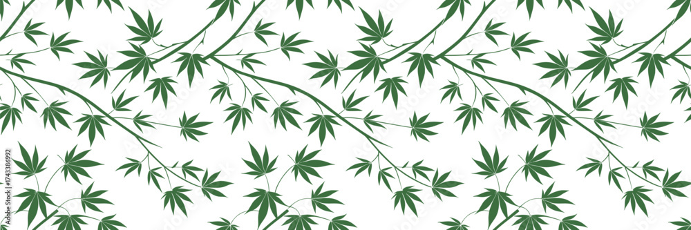 Naklejka premium Seamless bamboo leaf pattern featuring elegant green foliage on a white background, perfect for fabric, wallpaper, packaging, and natural botanical surface design projects.