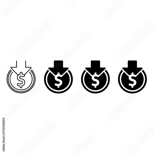 Financial decrease icons set four black and white symbols representing cost reduction and savings