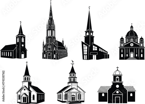 Church silhouette vector set, gothic, modern, dome, steeple, bell tower, black icon, religious architecture clipart, stock illustration