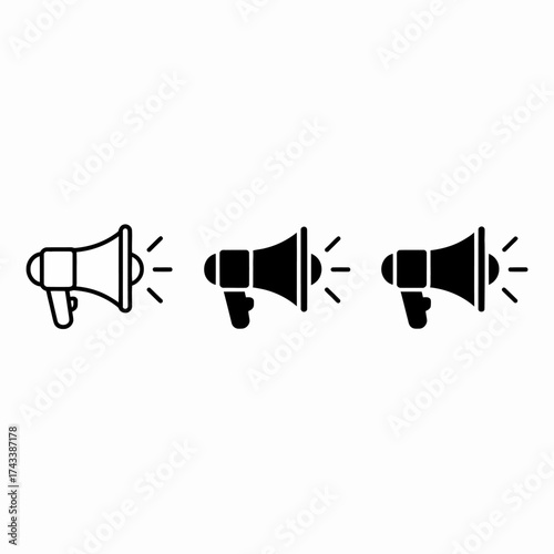 Three megaphone icons set simple outline filled solid design symbol for announcement