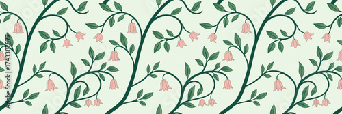 Elegant floral vine seamless pattern featuring delicate pink bell flowers and lush green leaves on a soft pastel background, perfect for fabric, wallpaper, and digital design use.