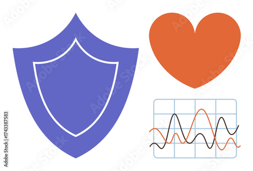 Blue shield, red heart, and line graph on a grid suggesting health monitoring, protection, and data analysis. Ideal for healthcare, wellness, security, prevention insurance fitness simple flat