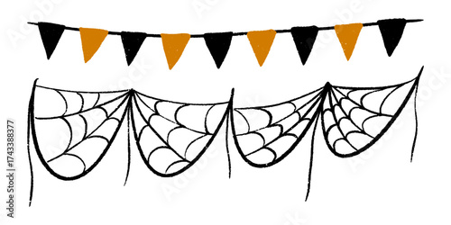 Halloween holiday cobweb garland pennant flags. Crayon sketch of hanging triangular banners. Isolated vector illustration of black and orange flags and scary web for party decoration.