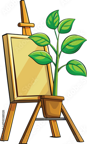 New Year Creative Expression artist easel with growing plant symbolizing creative development