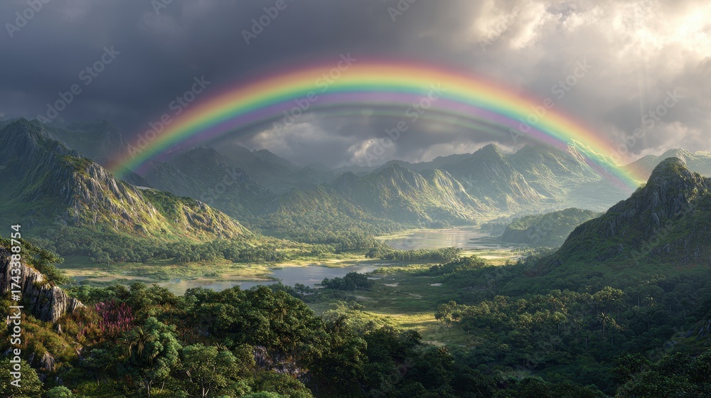 Obraz premium Majestic Double Rainbow Arches Over Lush, Misty Mountain Valley After Storm.