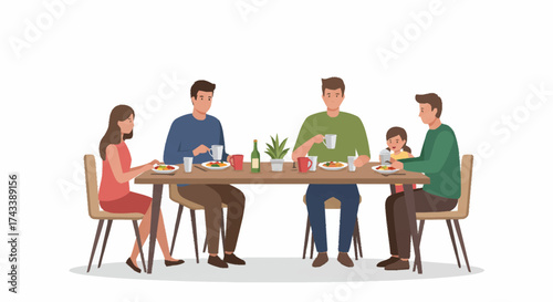 A family of five is sitting around a wooden table, enjoying a meal together with drinks and conversation.