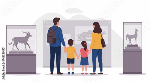 A family with two children views animal statues and historical exhibits in a museum gallery.