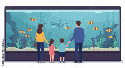 A family of four, including a mother, father, daughter, and son, stand hand-in-hand, viewing a large aquarium filled with various fish and aquatic plants.