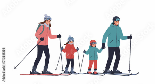 A family of four, parents and two children, enjoying a day of cross-country skiing together in warm winter clothing.