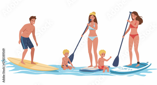 A family with two children enjoys summer water sports, with a man surfing and two women on stand-up paddleboards.