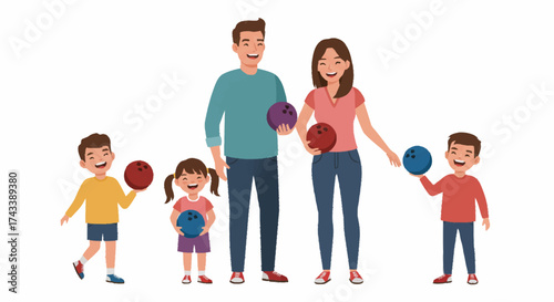 A happy family of five, parents and three children, smiling while holding colorful bowling balls.