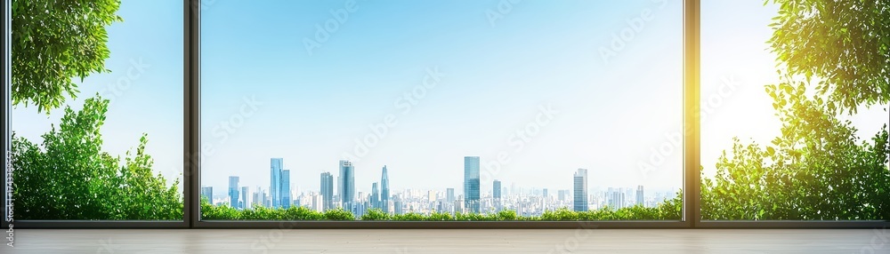 Fototapeta premium Serene Cityscape View Through Large Windows Framed by Lush Green Trees and Bright Blue Sky during Daytime