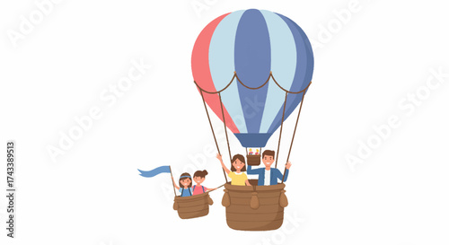 A family enjoys a scenic hot air balloon ride, with two children waving from a smaller basket attached to the main one.
