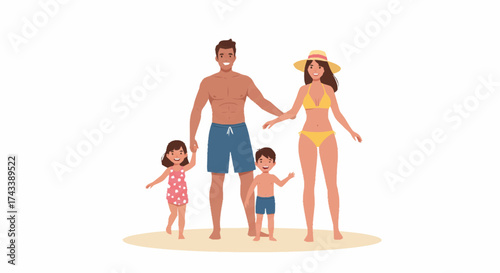Cartoon family of four, including a mother in a bikini and hat, a shirtless father, and two young children, standing together on a sandy beach.