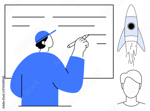 Person writing on a whiteboard, rocket symbolizing innovation, head outline for ideas or thinking. Ideal for education, planning, creativity, innovation, startup, brainstorming simple flat metaphor