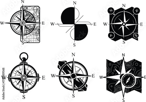 Compass rose vector set, black and white navigation illustrations, map design icons, directional graphics, topographic and nautical elements, isolated symbols