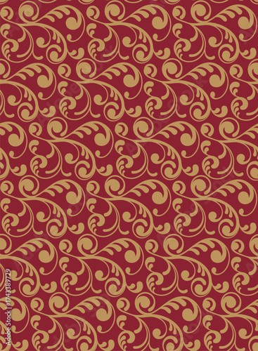 Seamless Antique Damask Swirl Pattern On Red Background